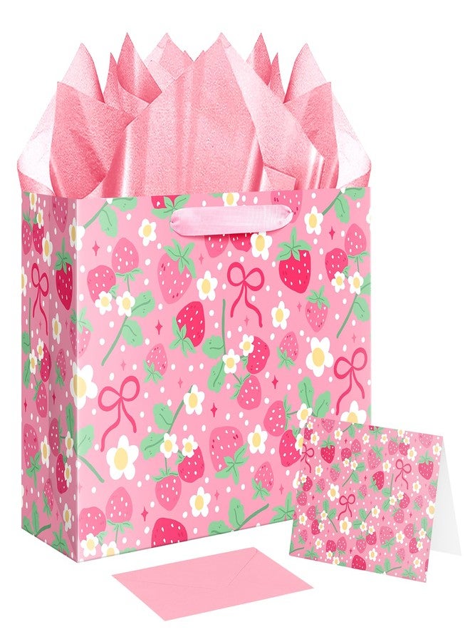 Jaywayang 12.6" Strawberry Gift Bag with Tissue Paper and Card, Pink Birthday Gift Bag for Girls Kids Birthday, Baby Shower Party Supplies. - Image 1